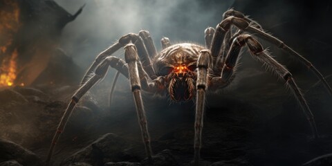 A large spider sitting on top of a pile of rocks. Suitable for nature and wildlife themes