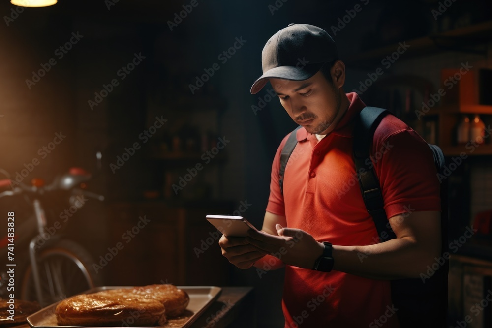 Poster A man in a red shirt looking at a cell phone. Suitable for technology concepts
