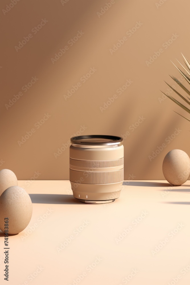Poster camera lens placed on a table next to eggs, suitable for food photography projects