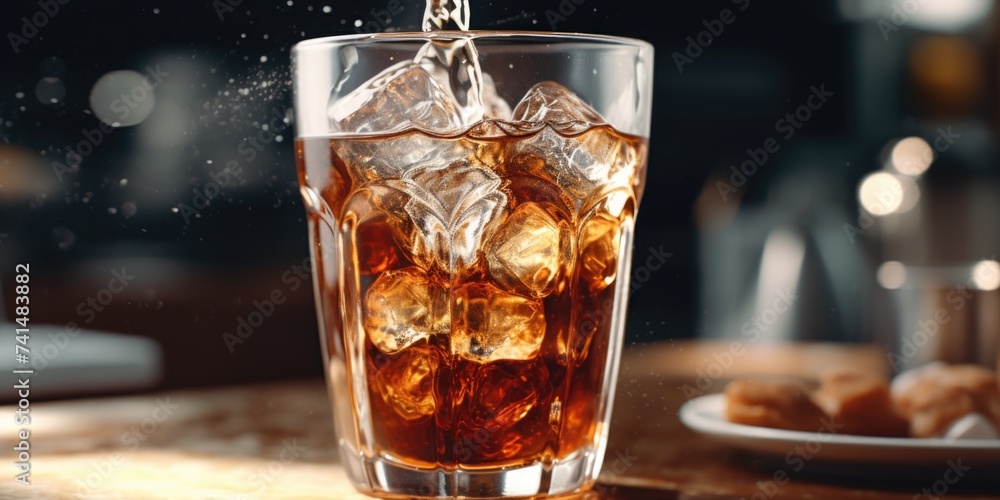 Poster a glass filled with ice on a table, suitable for various concepts