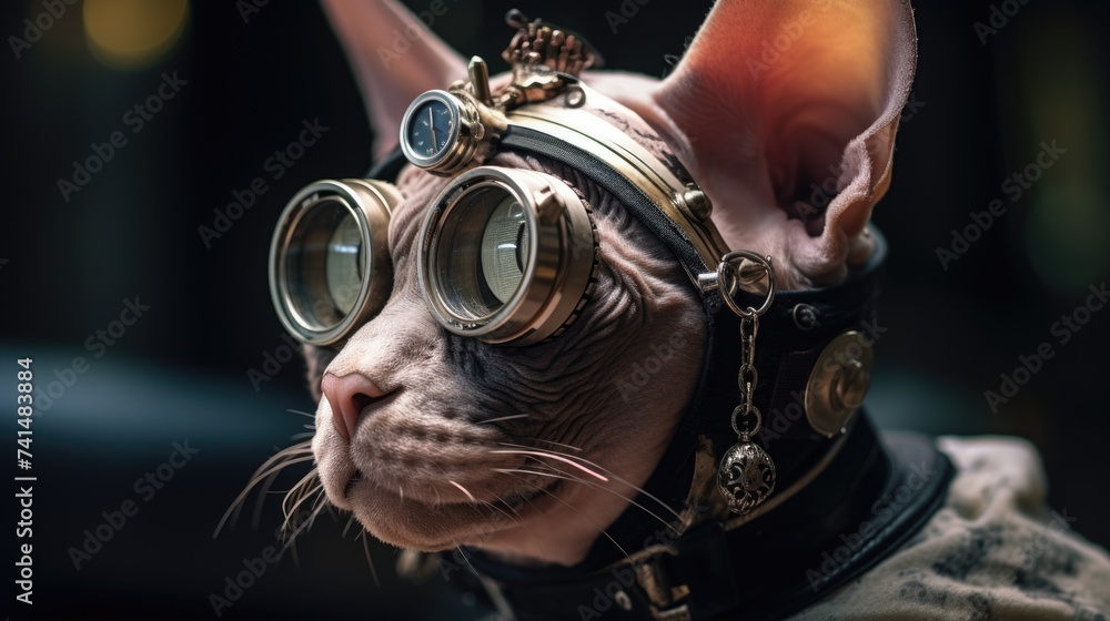 Poster close up of a cat wearing goggles, suitable for various projects