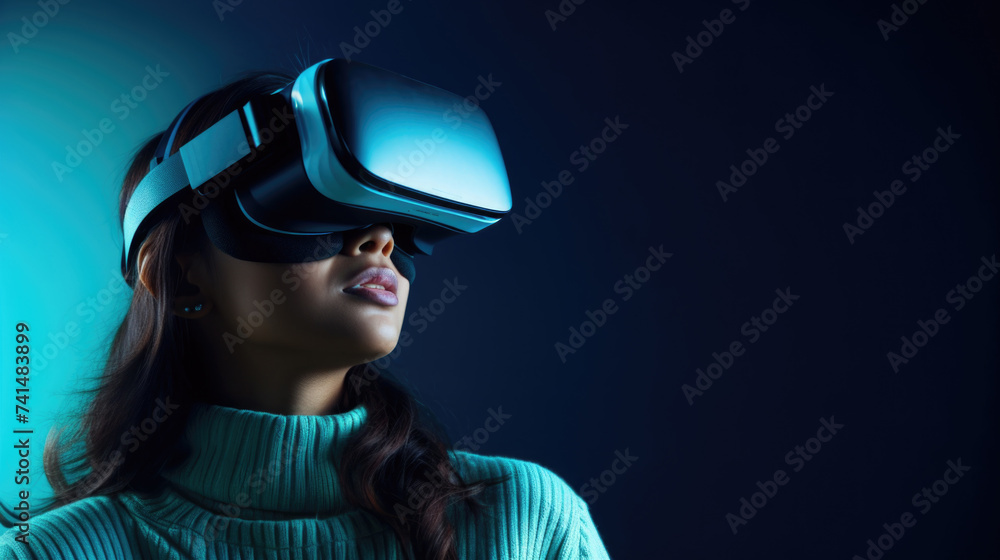 Poster a woman immersed in virtual reality technology. suitable for tech concepts