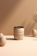 Camera lens placed on a table next to eggs, suitable for food photography projects