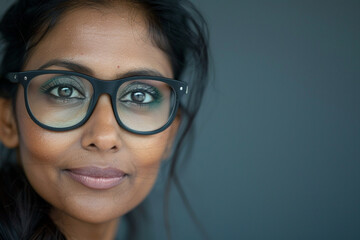 detailed photograph of an Indian business woman's face framed by her glasses, with a subtle smile reflecting her confidence and professionalism, minimalistic style,