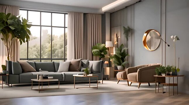 Modern interior of apartment living room with grey sofa armchair coffee tables and plant home design 3d animation rendering