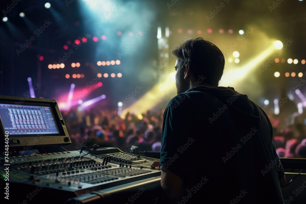 Poster a man standing in front of a sound board at a concert. ideal for music events promotion
