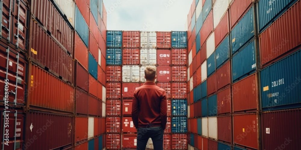 Poster a man standing in a room filled with containers. suitable for industrial or storage concepts