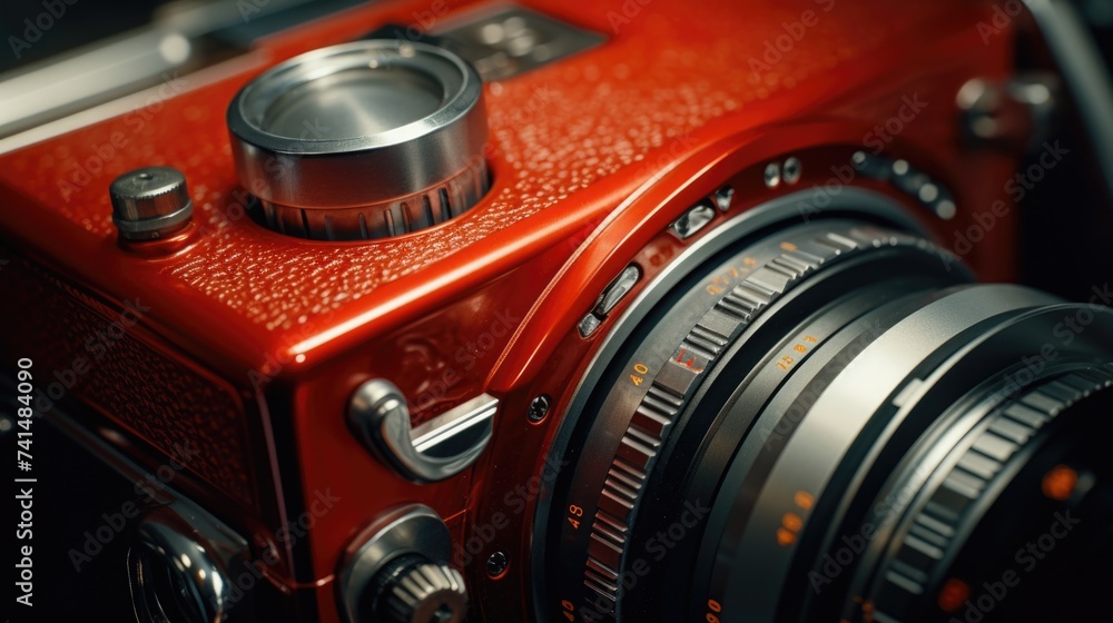Poster detailed view of a red camera with a lens. perfect for photography enthusiasts