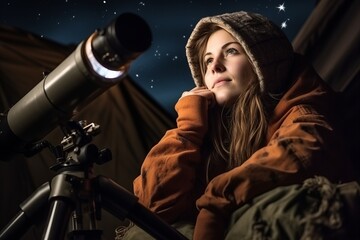 Young woman looking through a telescope at the stars in the night sky