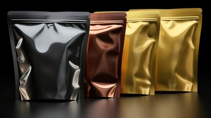 Metallic bags lined up next to each other. Perfect for fashion and retail concepts