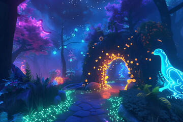 Obraz na płótnie Canvas Enchanted night scene with a glowing blue creature, magical arch and luminescent plants in a mystical forest