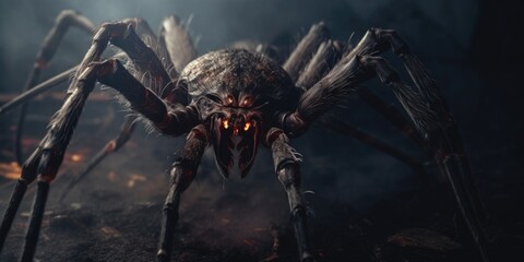 A creepy spider perched on a mound of dirt. Suitable for Halloween or nature themes
