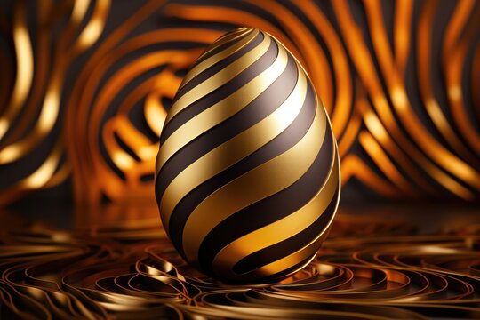A unique golden and black striped egg on a table. Perfect for Easter or food-related designs