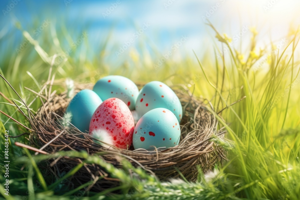 Poster nest filled with blue and red eggs, ideal for nature concepts