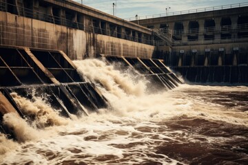 Powerful water flow from a dam, suitable for environmental and energy concepts