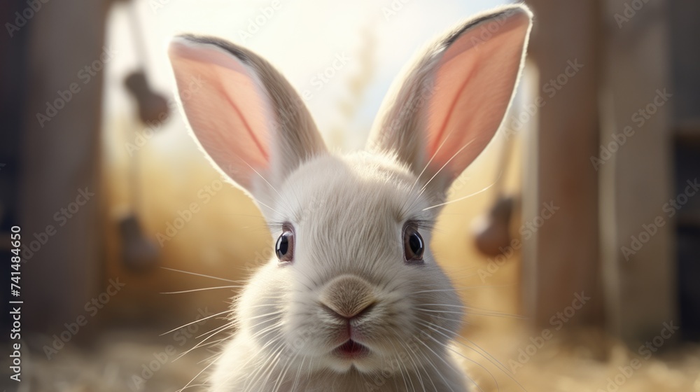 Poster A close-up of a rabbit's face with a blurry background. Suitable for various animal-related projects