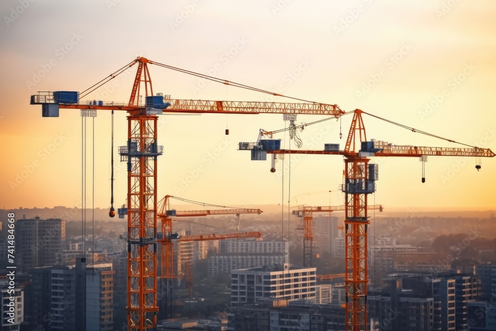 Poster group of cranes on top of a building. suitable for construction industry concepts