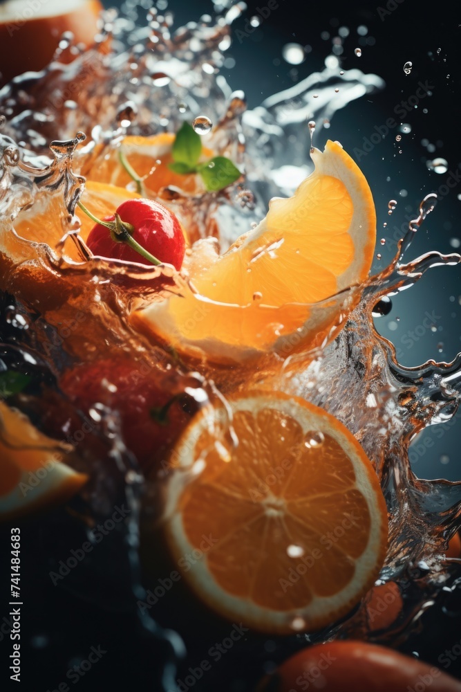 Poster fresh oranges and strawberries splashing into a glass of water. perfect for food and drink concepts