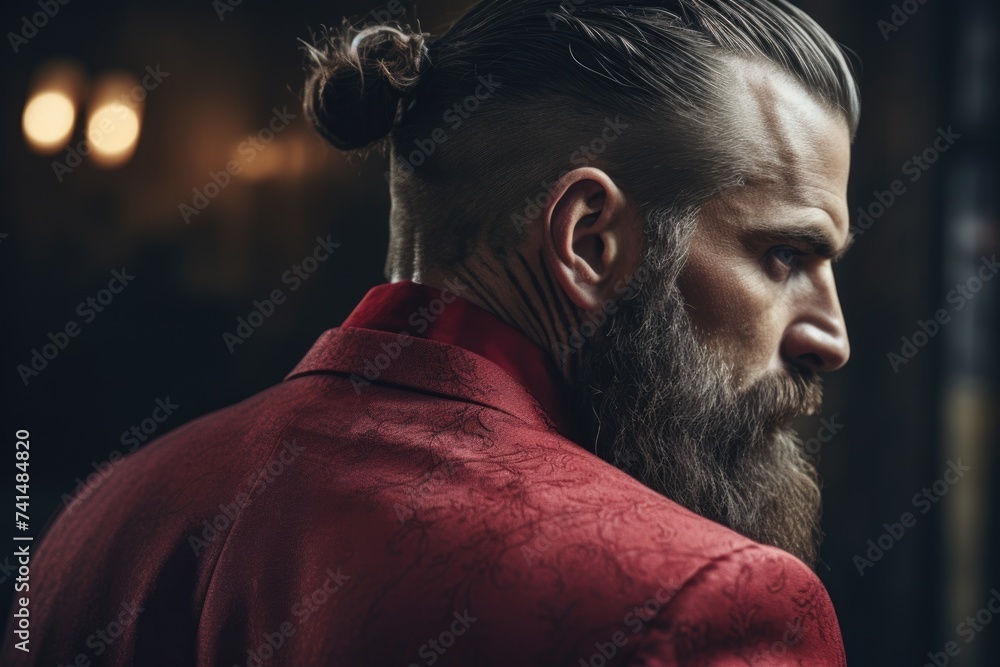 Poster a man with a long beard wearing a red shirt. suitable for various concepts