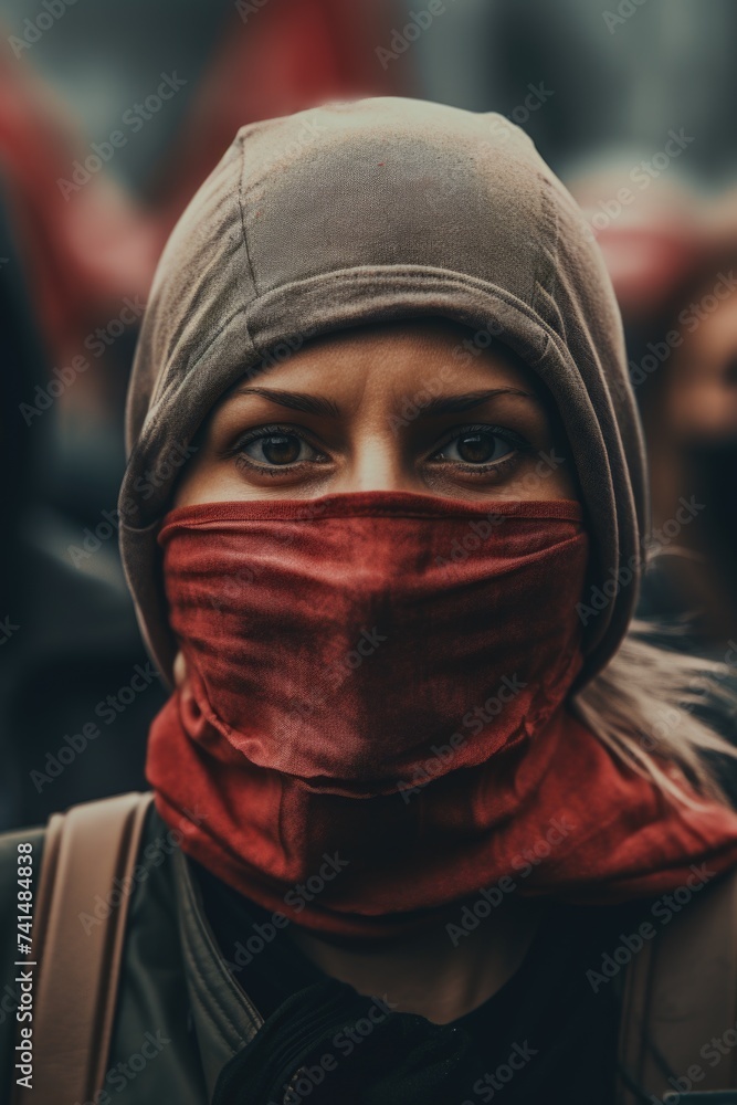 Wall mural Woman with a red scarf covering her face. Suitable for fashion and mystery themes