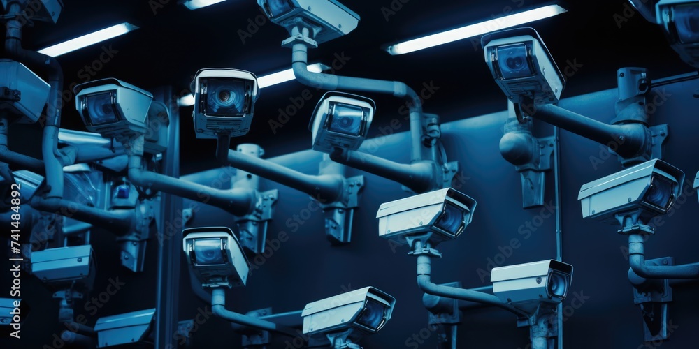 Poster surveillance cameras hanging from the ceiling. suitable for security and technology concepts