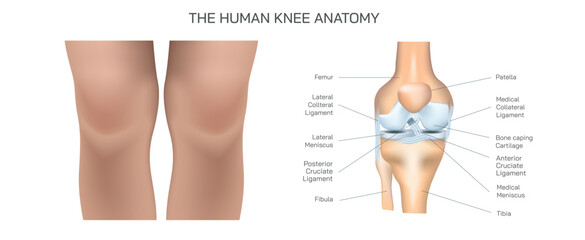 The human knee anatomy vector illustration. Common knee problems, Symptoms and causes of rheumatoid arthritis and osteoarthritis. Types of knee joint Injuries and Disorders. General condition and pain