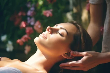 Crédence de cuisine en verre imprimé Spa A woman receiving a relaxing massage at a spa. Ideal for wellness and beauty concepts