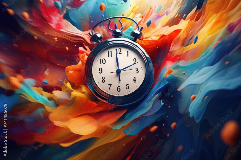 Poster alarm clock surrounded by vibrant paint splashes, suitable for artistic and creative concepts