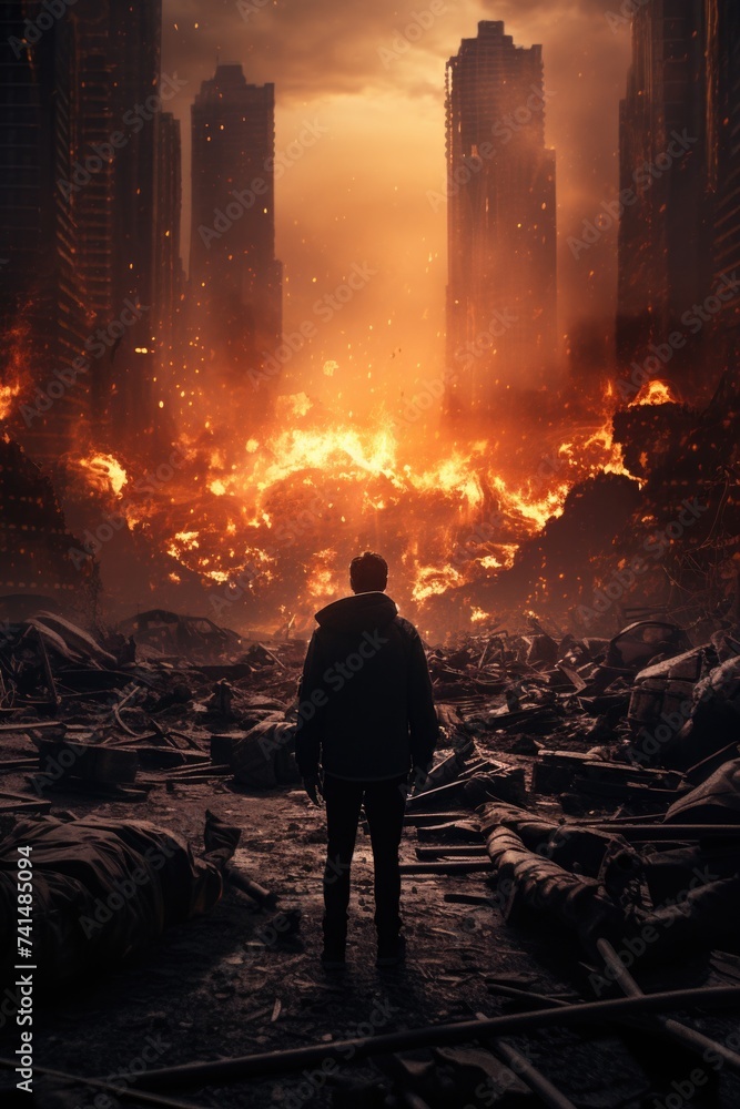 Poster man standing in front of a huge fire in a city. suitable for news articles or emergency services gra