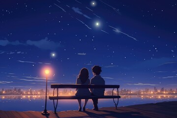 Two people sitting on a bench, gazing at the night sky. Suitable for romantic and stargazing concepts