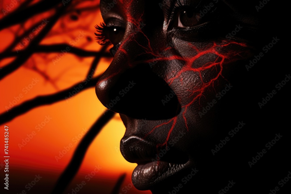Poster Close up of a person's face with a tree in the background, suitable for various design projects