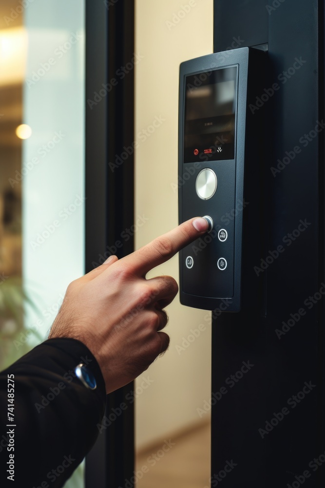 Poster A person pressing a button on a door, suitable for technology and security concepts