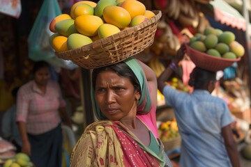 woman carrying basket of mangos on her head
