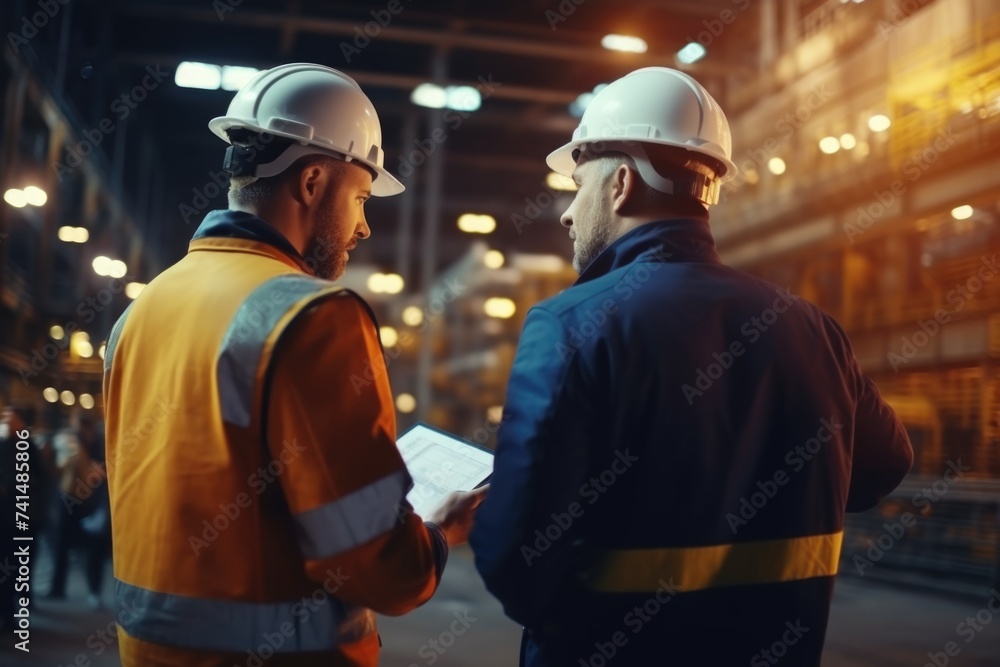 Poster two men in hard hats standing next to each other. suitable for construction or engineering concepts