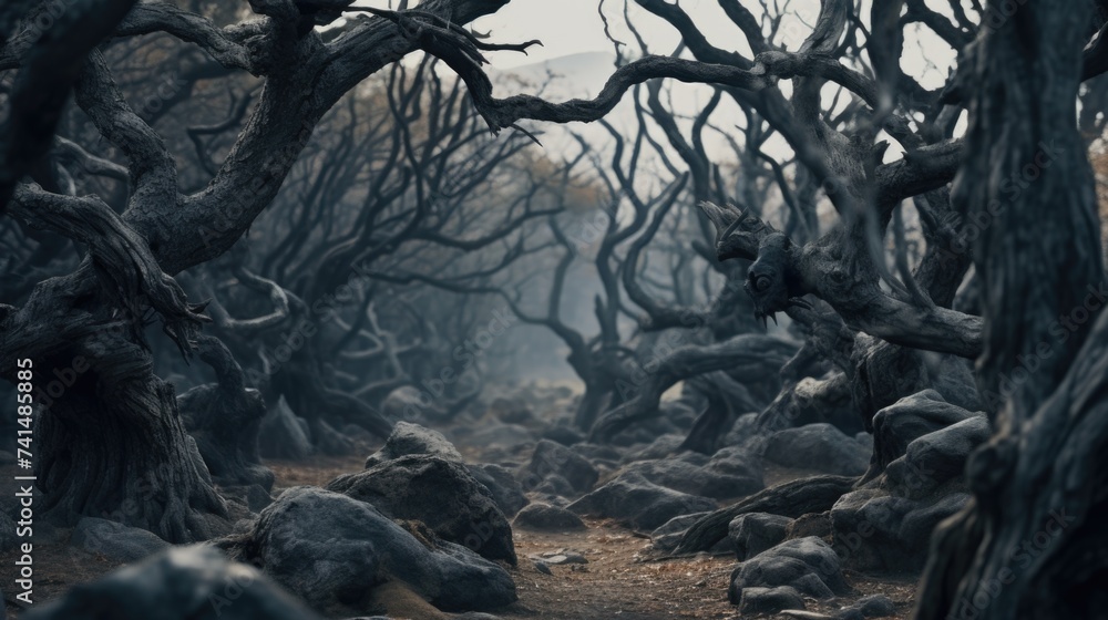 Poster a dark forest with numerous trees and rocks. suitable for nature and outdoor themes