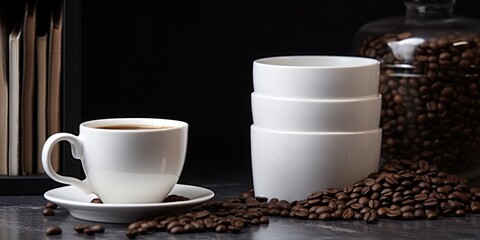 Obraz premium A cup of coffee next to a stack of coffee beans. Perfect for coffee lovers