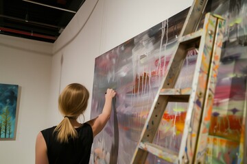 Fototapeta na wymiar artist hanging fresh painting in gallery, ladder in view