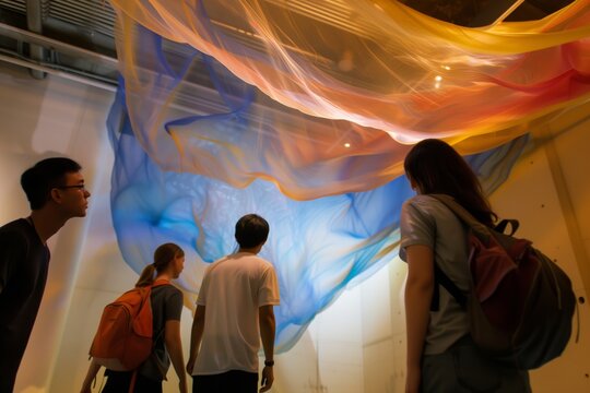 visitors looking at a ceilinghung translucent fabric artwork