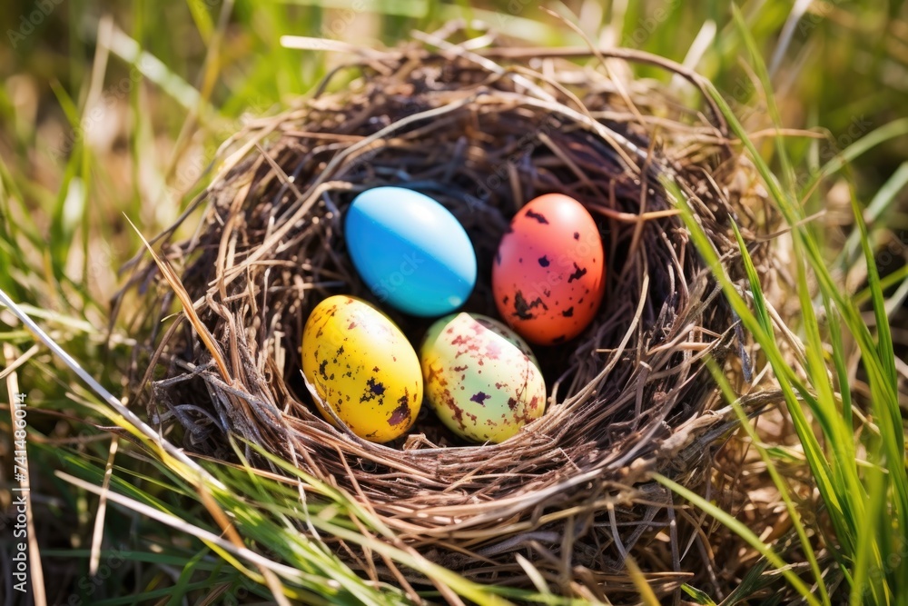 Poster three eggs resting in a nest on the grass, suitable for nature and wildlife themes