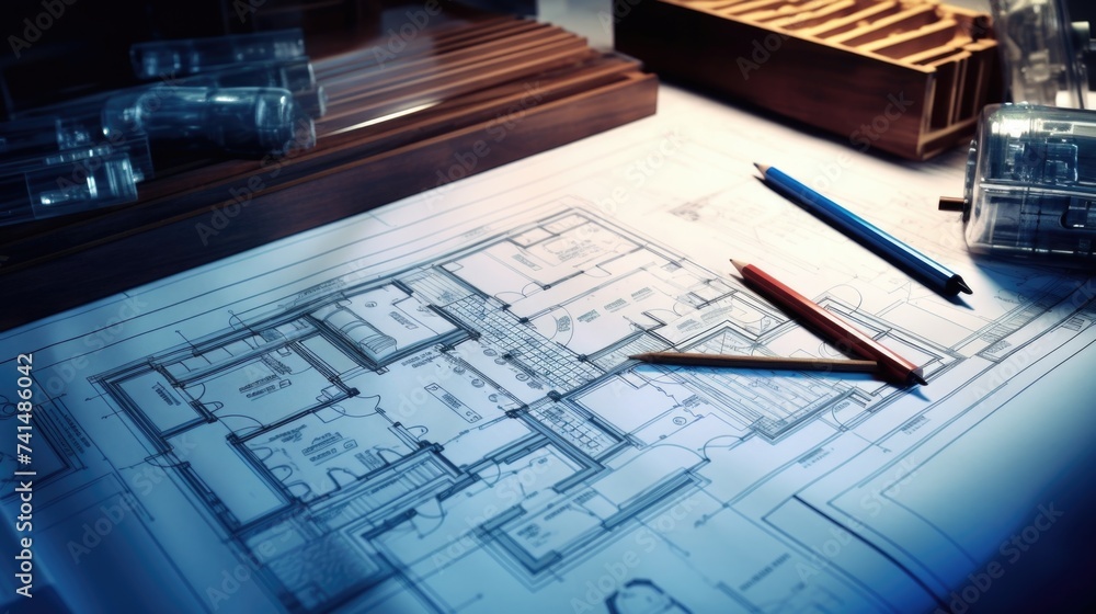 Aufkleber A blueprint with a pencil on top of it. Perfect for architectural and design concepts