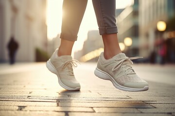 A person walking on a sidewalk wearing sneakers. Suitable for lifestyle and urban themes