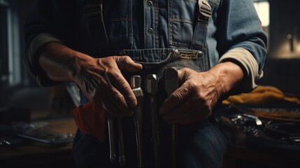 Close up of a person holding a wrench, suitable for industrial concepts