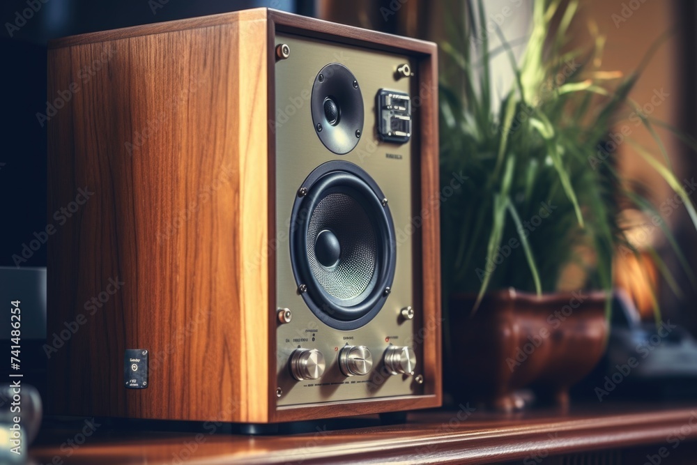 Poster a speaker placed on a wooden table. suitable for technology concepts