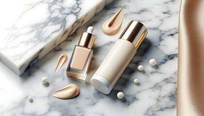 bottle of foundation and one tube of cream casually spread across a marble floor, the essence of luxury and minimalism