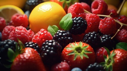 Obraz premium Close-up view of a bowl of fruit with a lemon. Suitable for healthy eating concepts