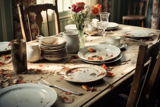 A cluttered table filled with dirty dishes. Ideal for illustrating household chores