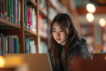Student Working on Laptop in Library. Concentrated young woman using her laptop for academic research in the university library, a symbol of dedicated learning.