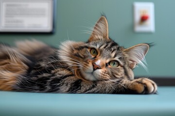 Maine Coon cat gazes intently while reclining on a blue surface.