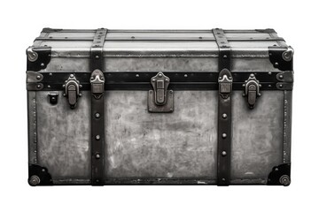 A large metal trunk on a white floor. Perfect for interior design projects