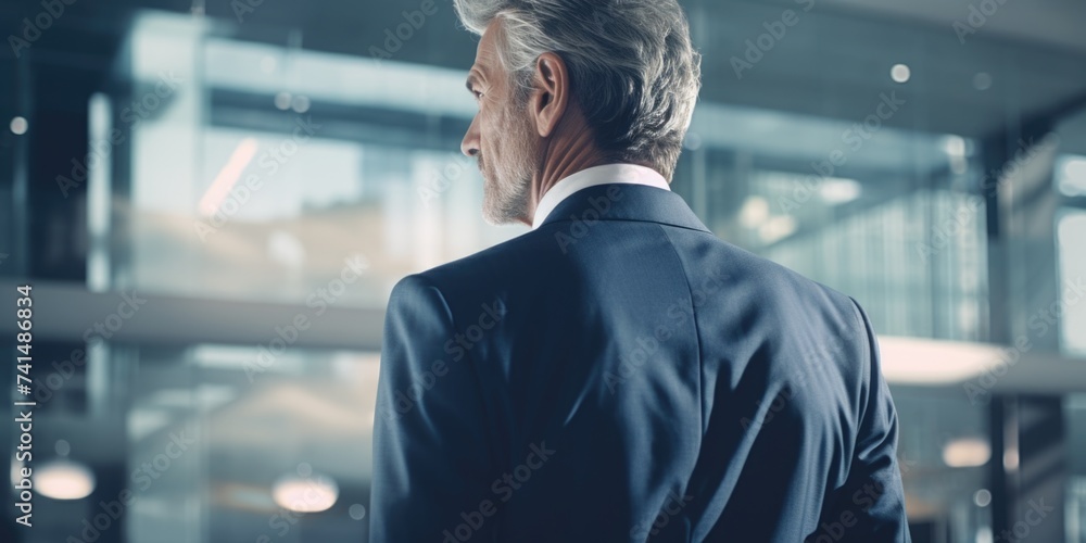 Poster a man in a suit looking out a window. suitable for business concepts